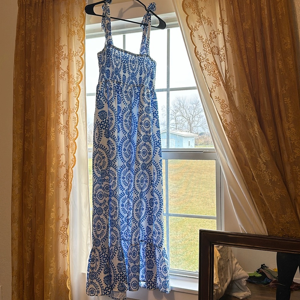 Blue and White Printed Tie-Shoulder Sundress
